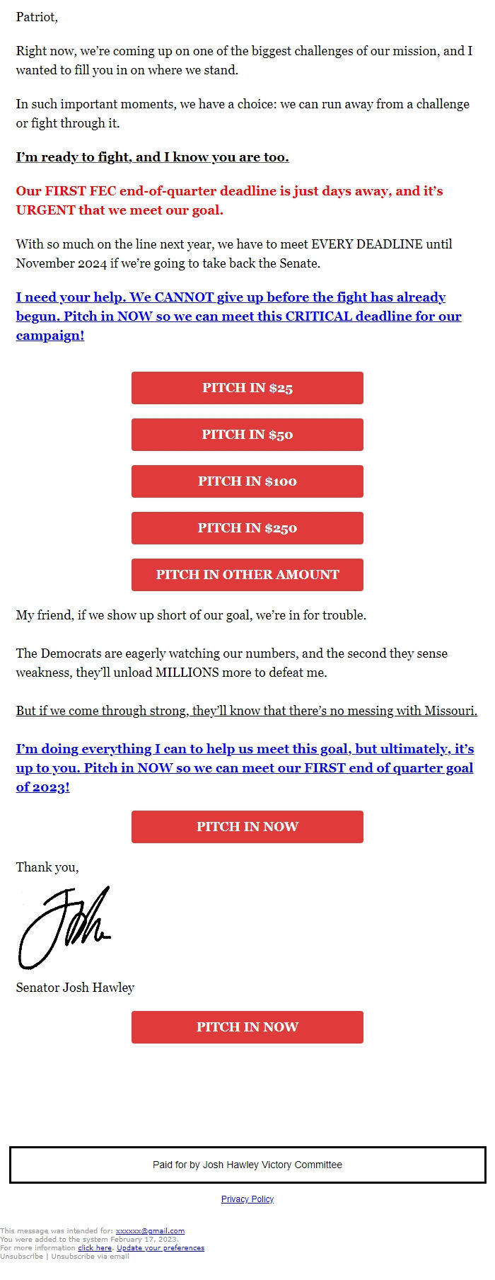 Screenshot of the email generated on import