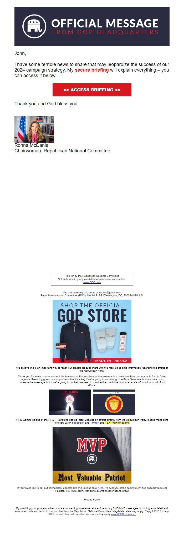 Screenshot of the email generated on import