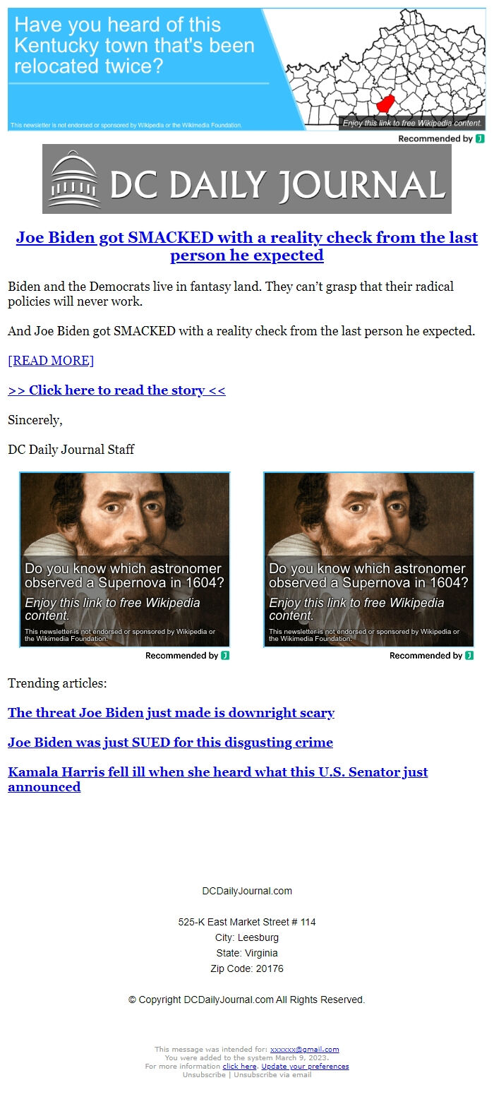 Screenshot of the email generated on import