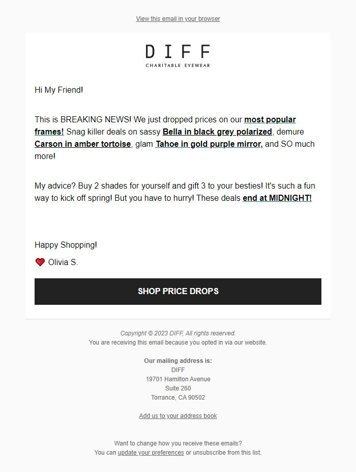 Screenshot of the email generated on import