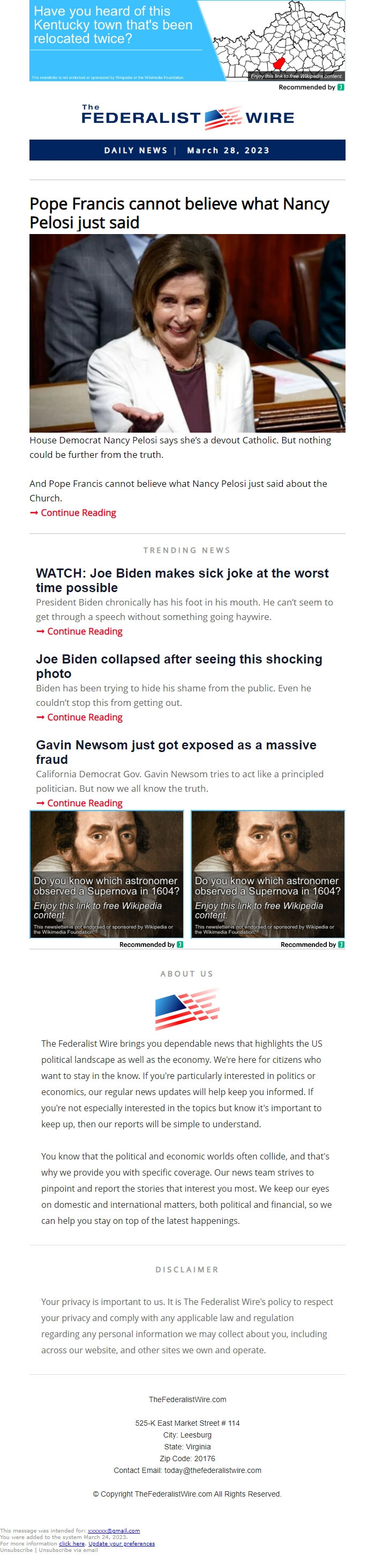 Screenshot of the email generated on import