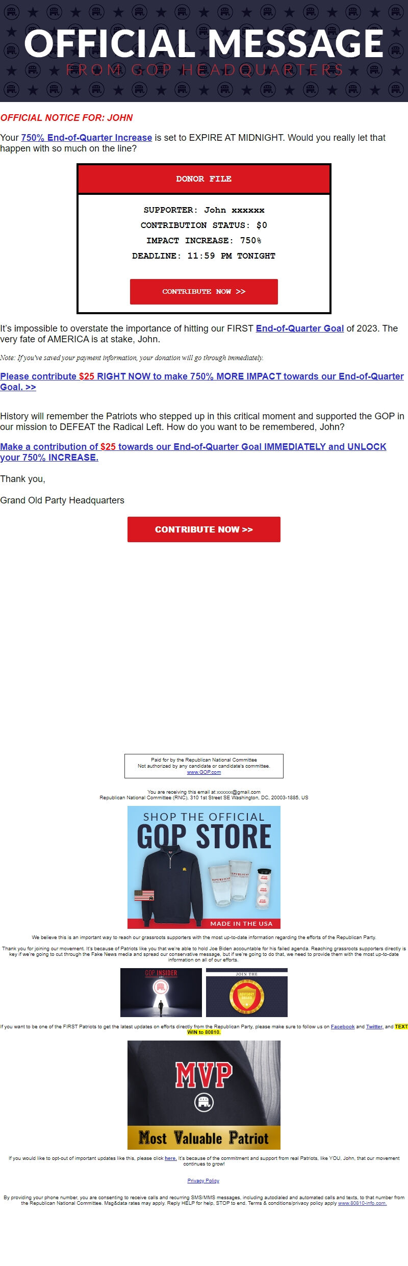 Screenshot of the email generated on import