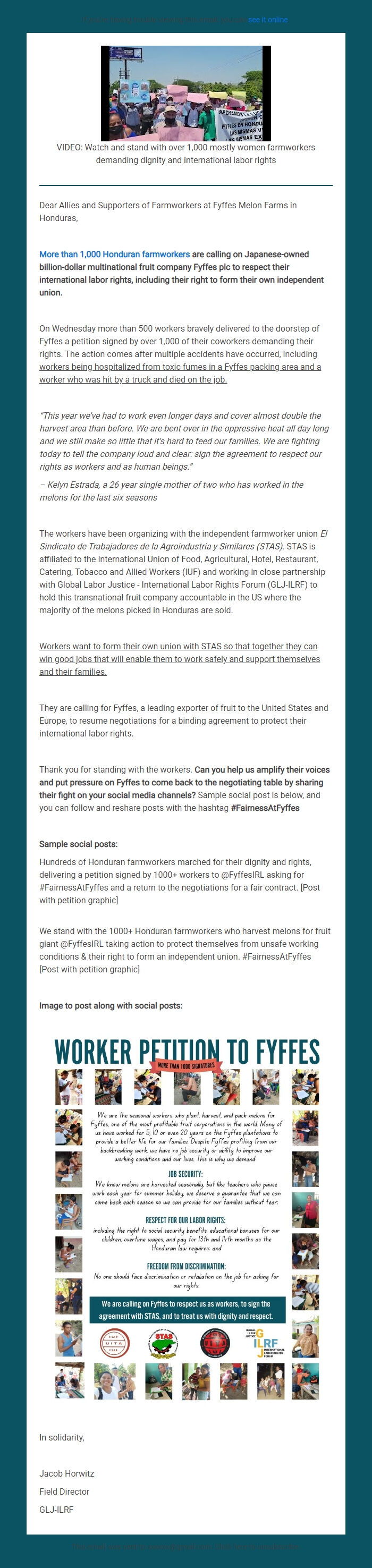 Screenshot of the email generated on import