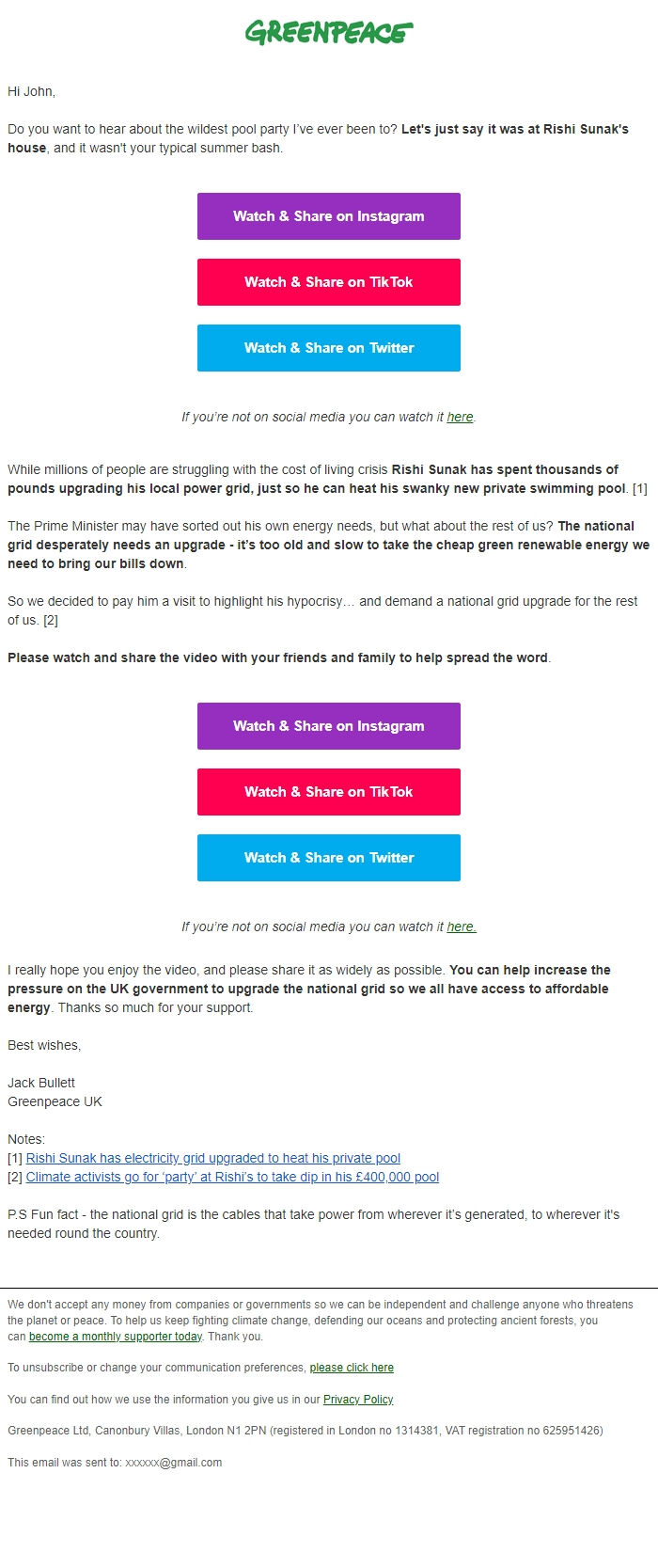 Screenshot of the email generated on import