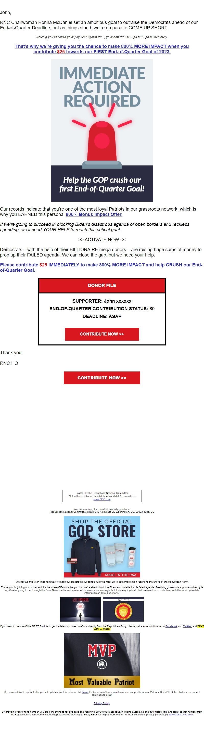 Screenshot of the email generated on import