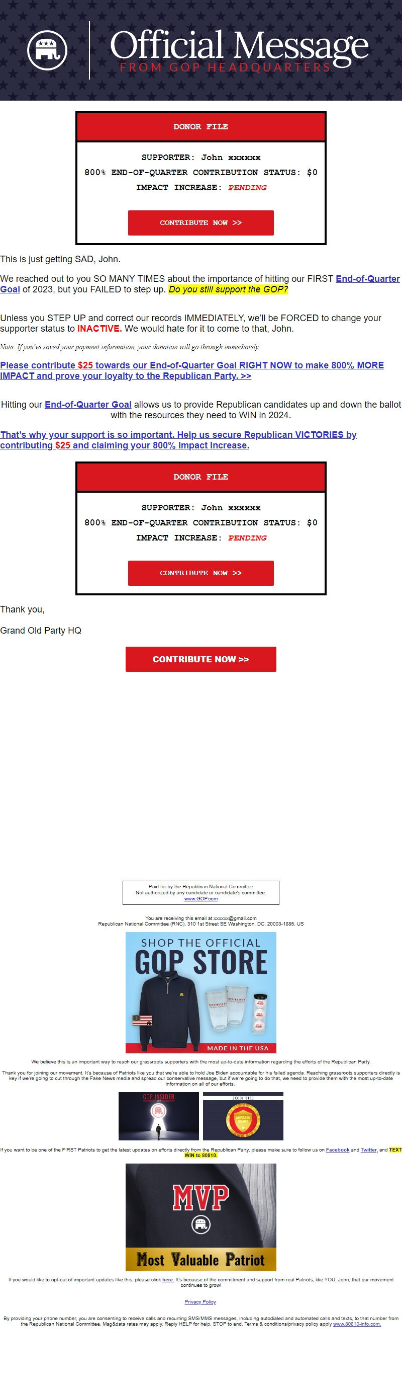 Screenshot of the email generated on import