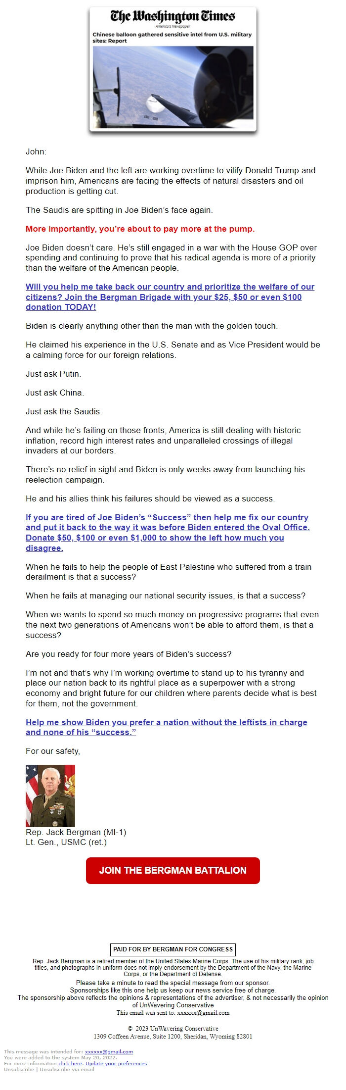 Screenshot of the email generated on import