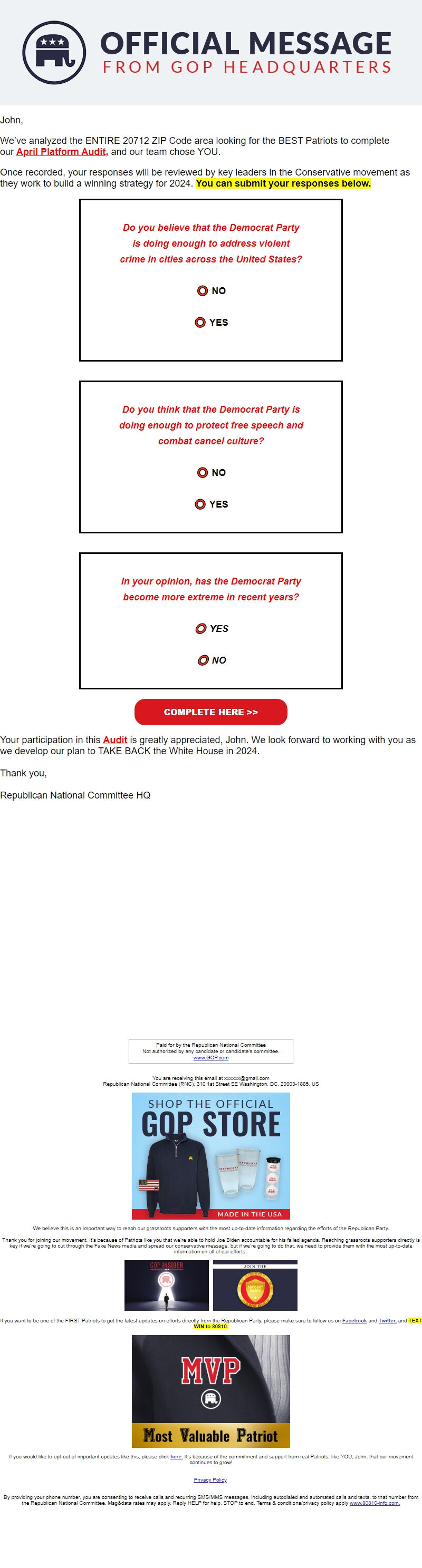 Screenshot of the email generated on import