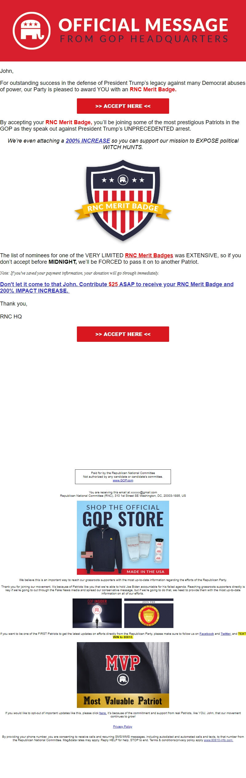 Screenshot of the email generated on import