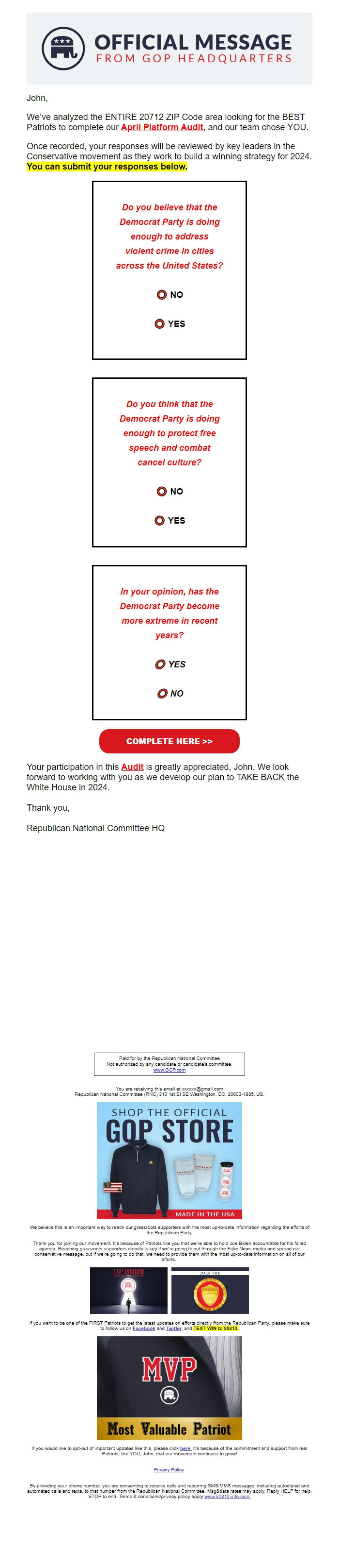 Screenshot of the email generated on import