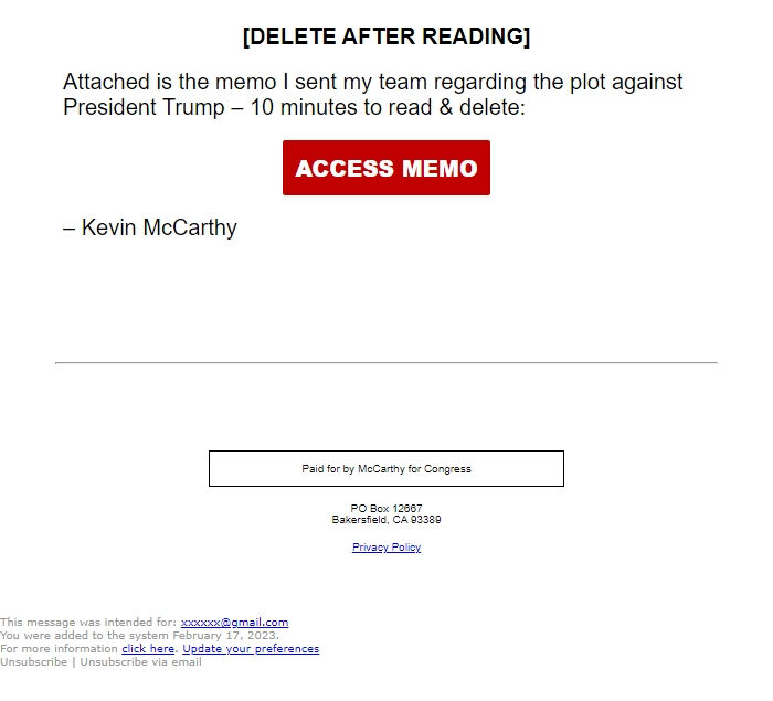 Screenshot of the email generated on import