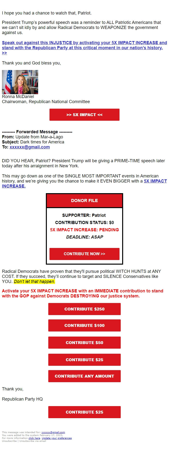 Screenshot of the email generated on import