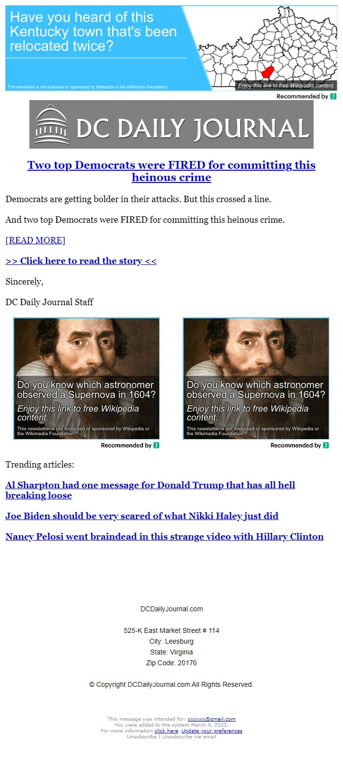 Screenshot of the email generated on import