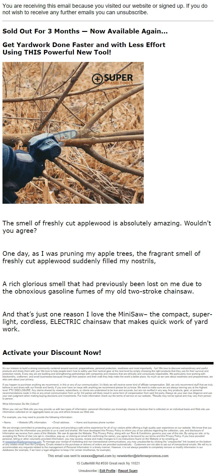 Screenshot of the email generated on import