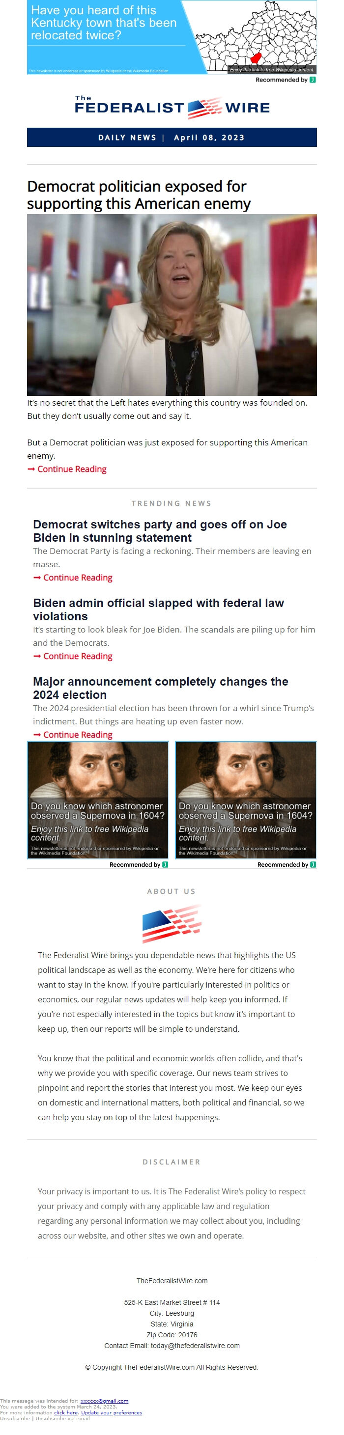 Screenshot of the email generated on import