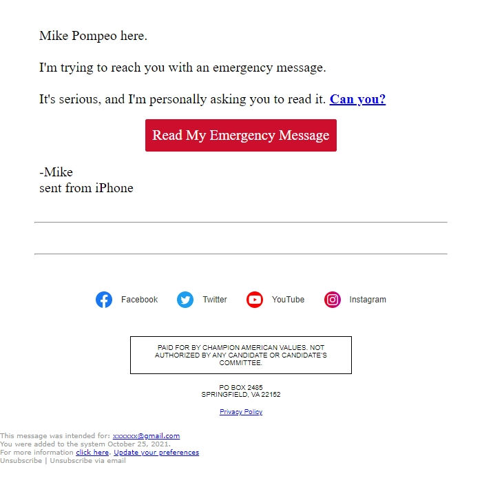 Screenshot of the email generated on import