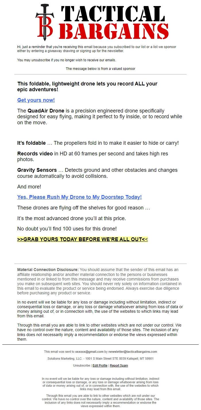 Screenshot of the email generated on import