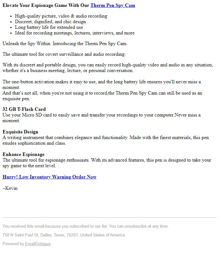 Screenshot of the email generated on import