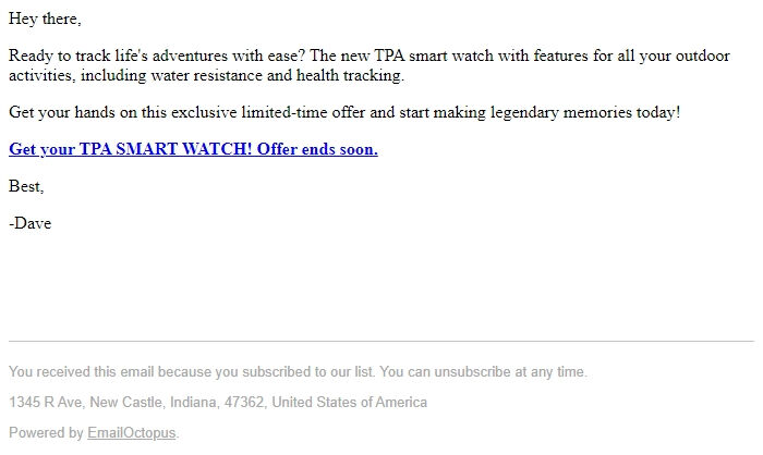 Screenshot of the email generated on import
