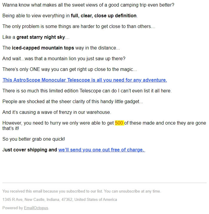 Screenshot of the email generated on import