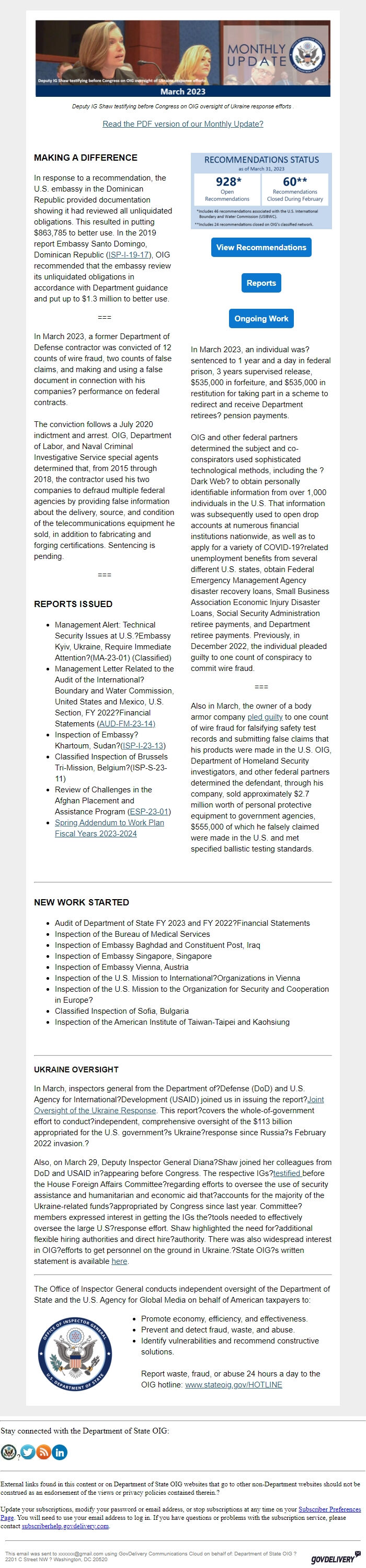 Screenshot of the email generated on import