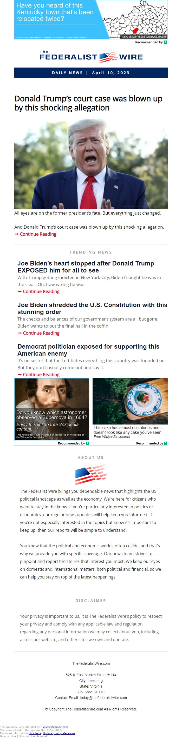 Screenshot of the email generated on import