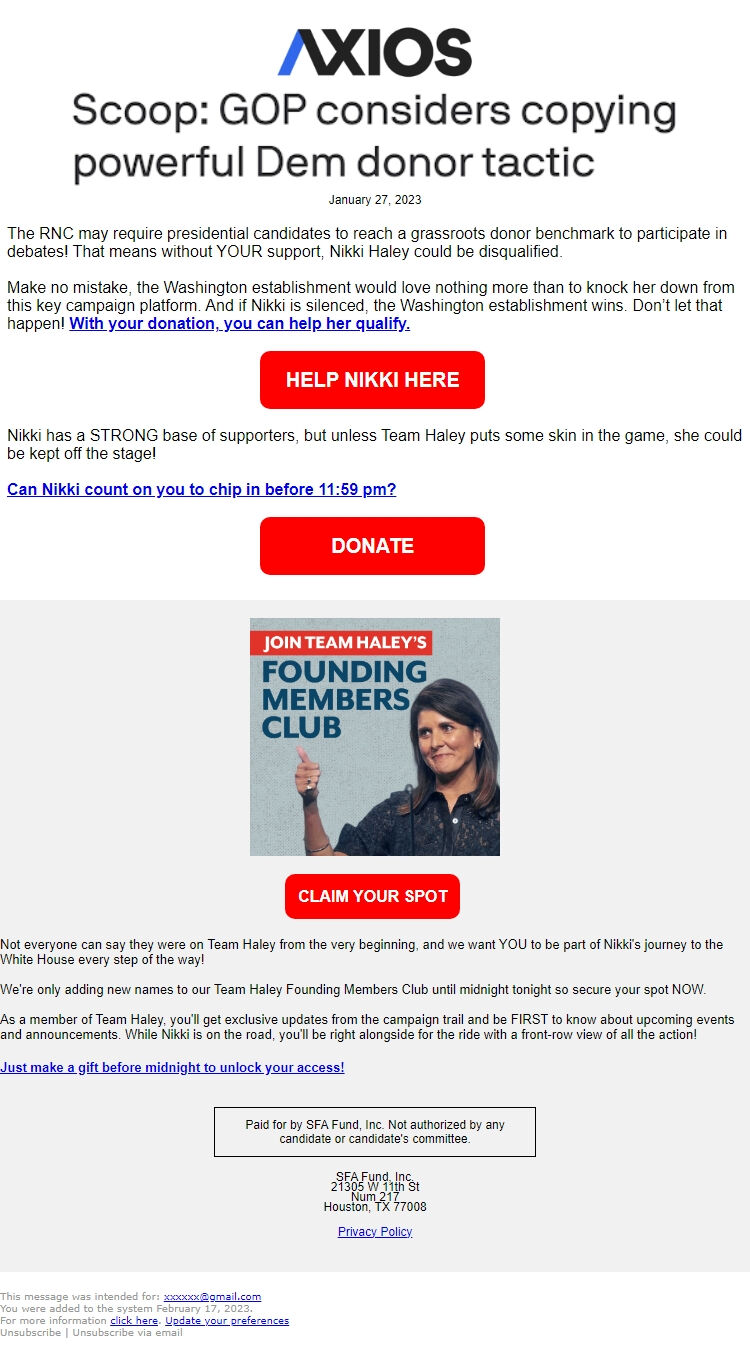Screenshot of the email generated on import