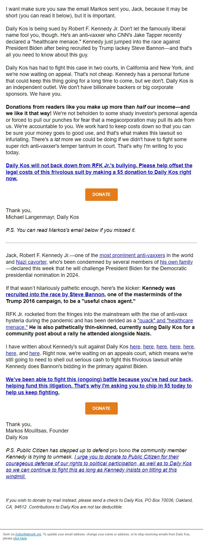Screenshot of the email generated on import