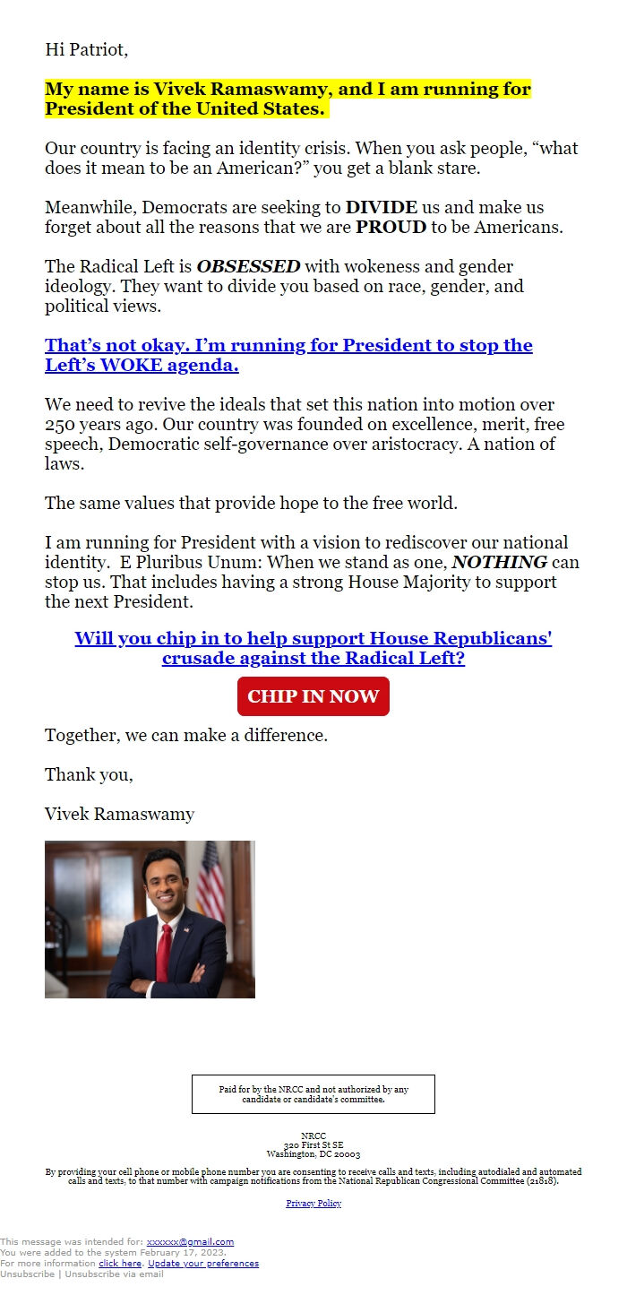 Screenshot of the email generated on import