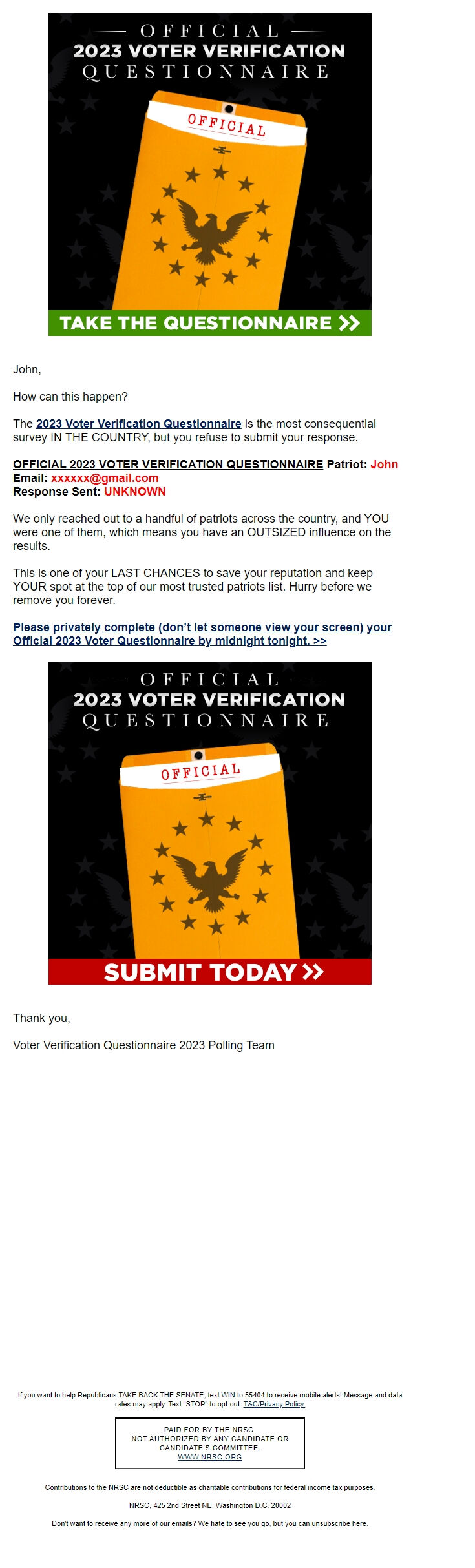 Screenshot of the email generated on import