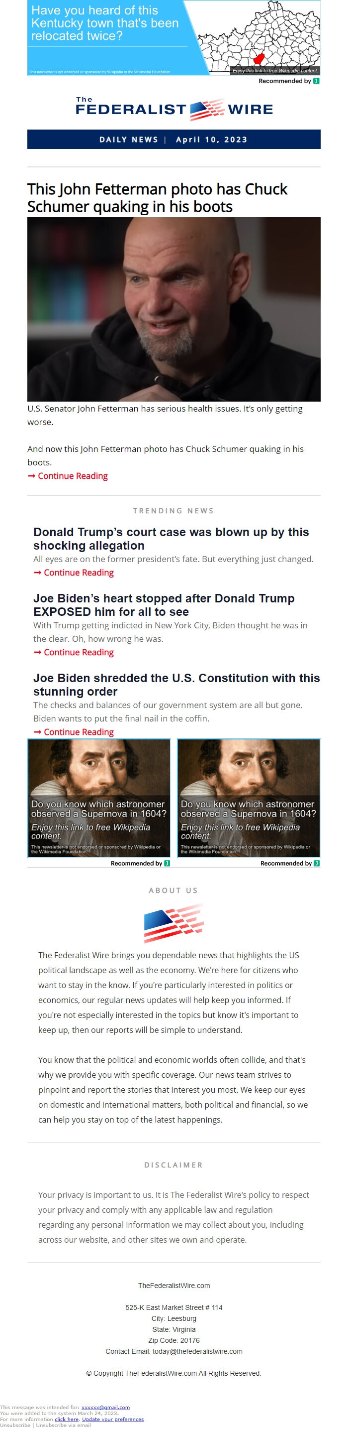 Screenshot of the email generated on import