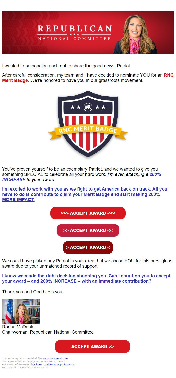 Screenshot of the email generated on import