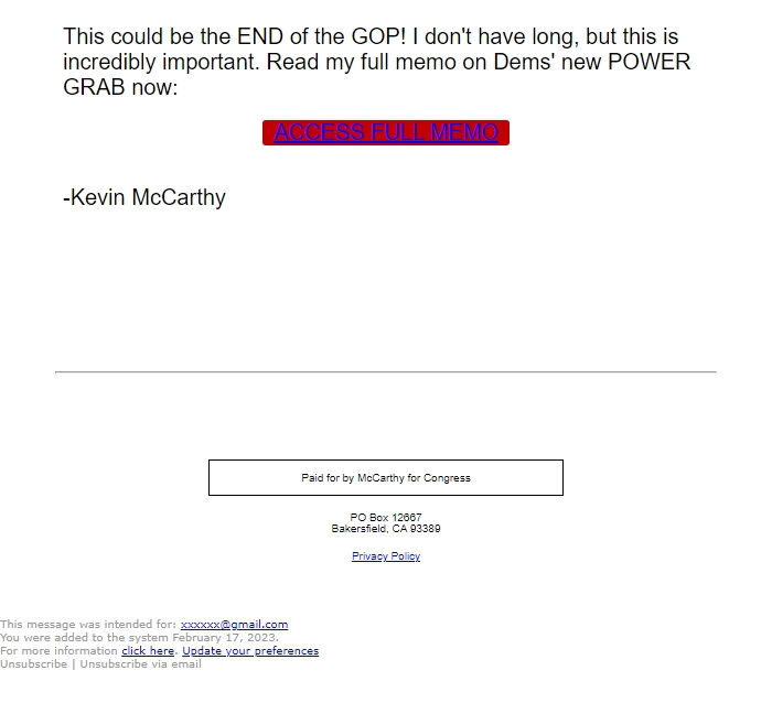 Screenshot of the email generated on import