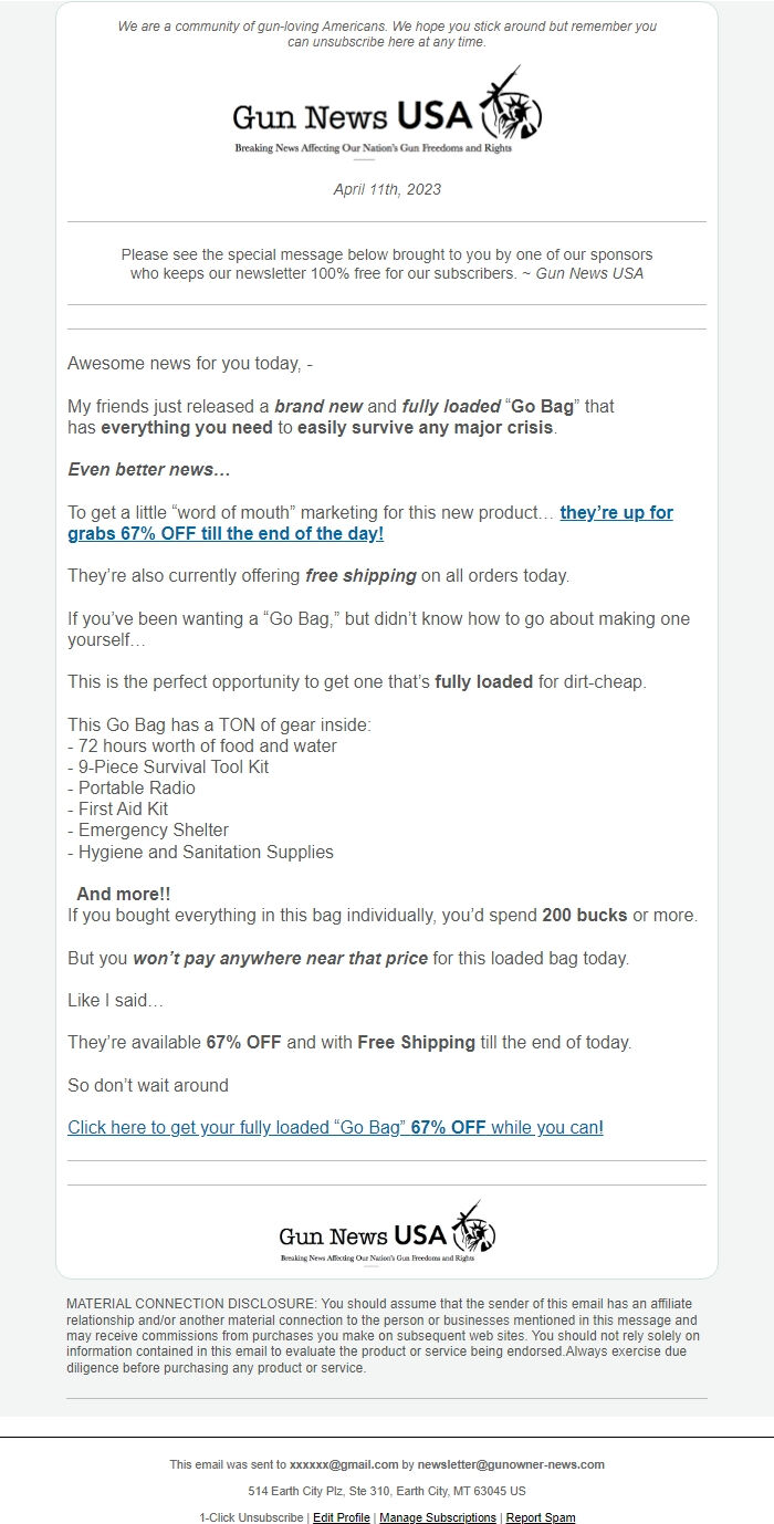 Screenshot of the email generated on import