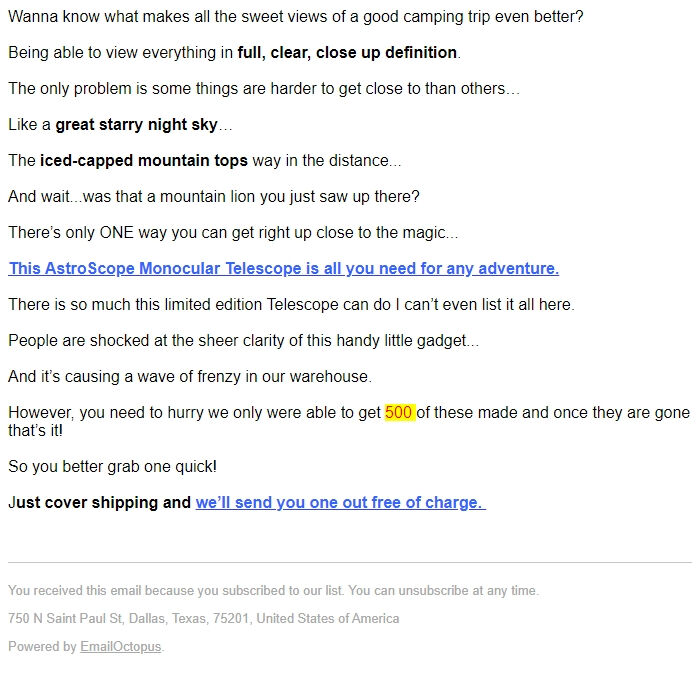 Screenshot of the email generated on import
