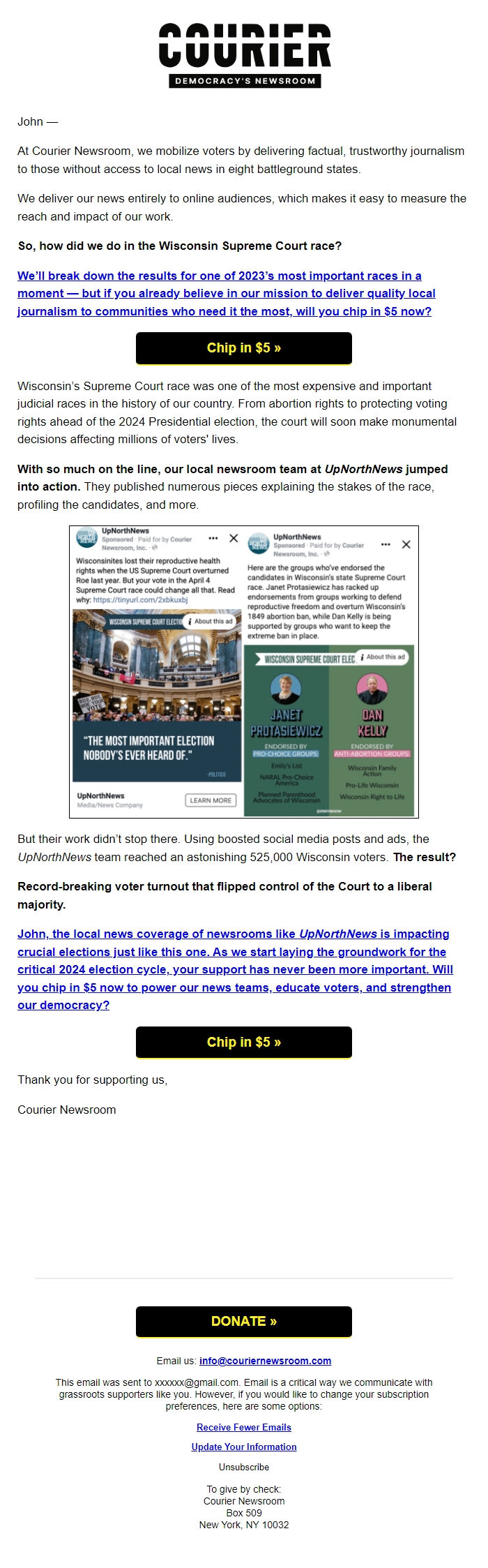 Screenshot of the email generated on import