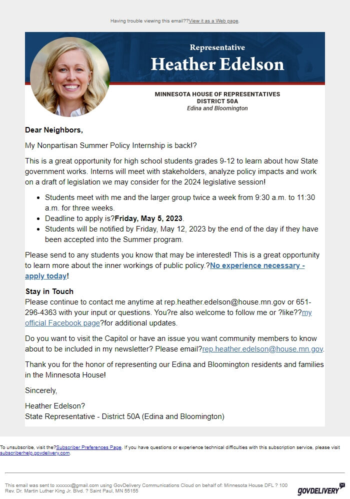 Screenshot of the email generated on import