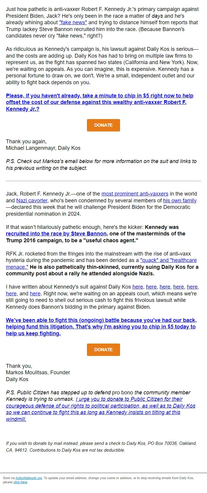 Screenshot of the email generated on import