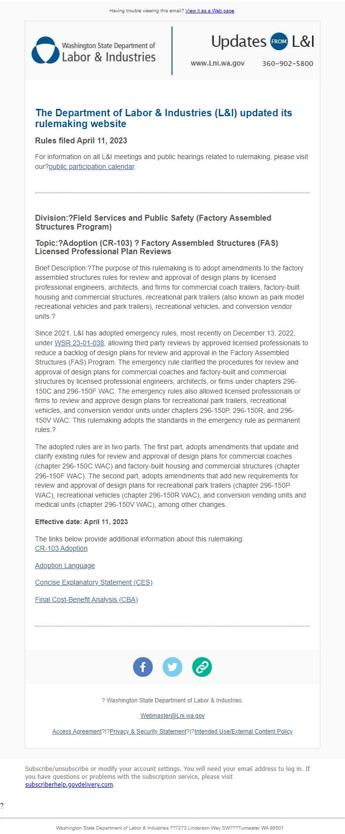 Screenshot of the email generated on import