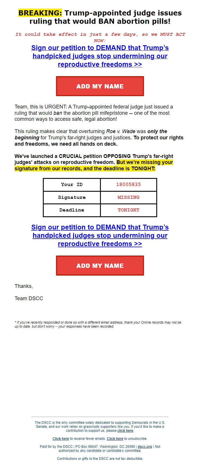 Screenshot of the email generated on import