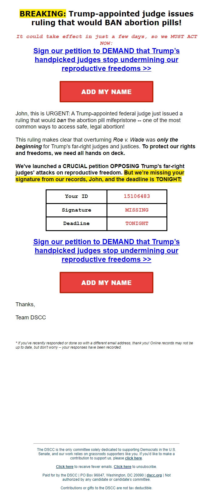 Screenshot of the email generated on import