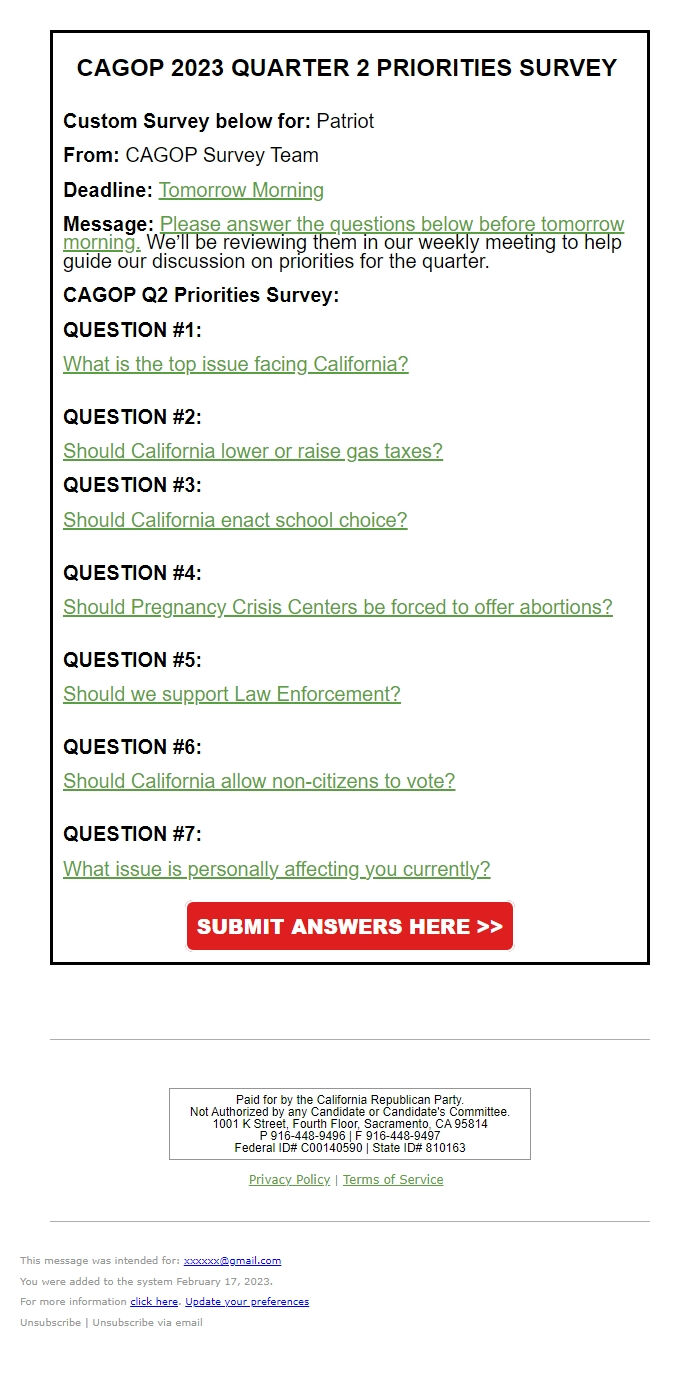 Screenshot of the email generated on import