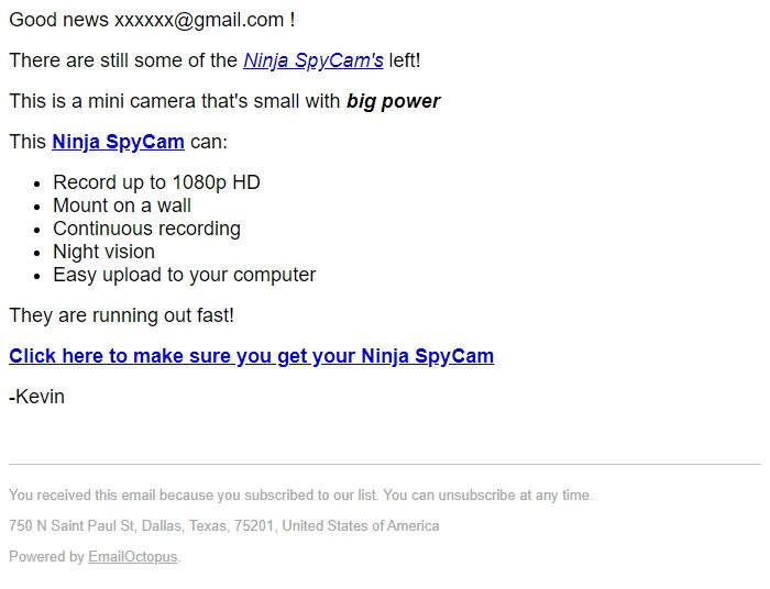Screenshot of the email generated on import