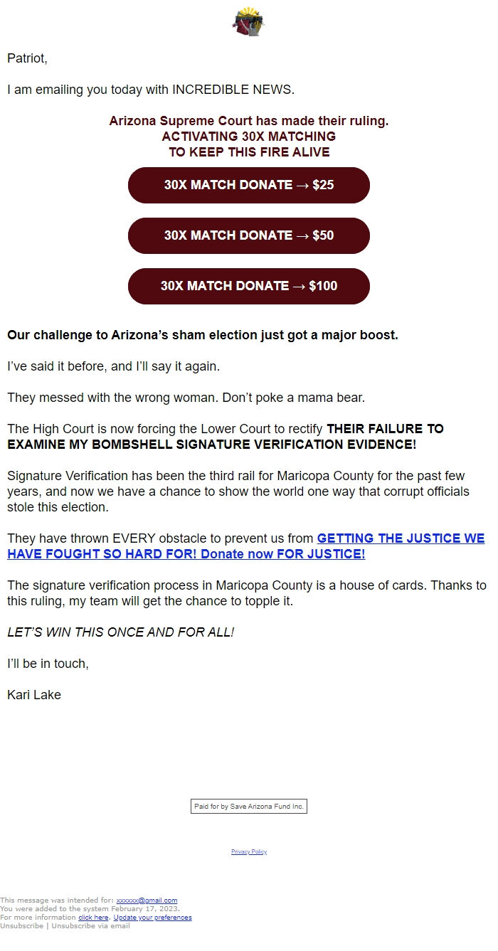 Screenshot of the email generated on import