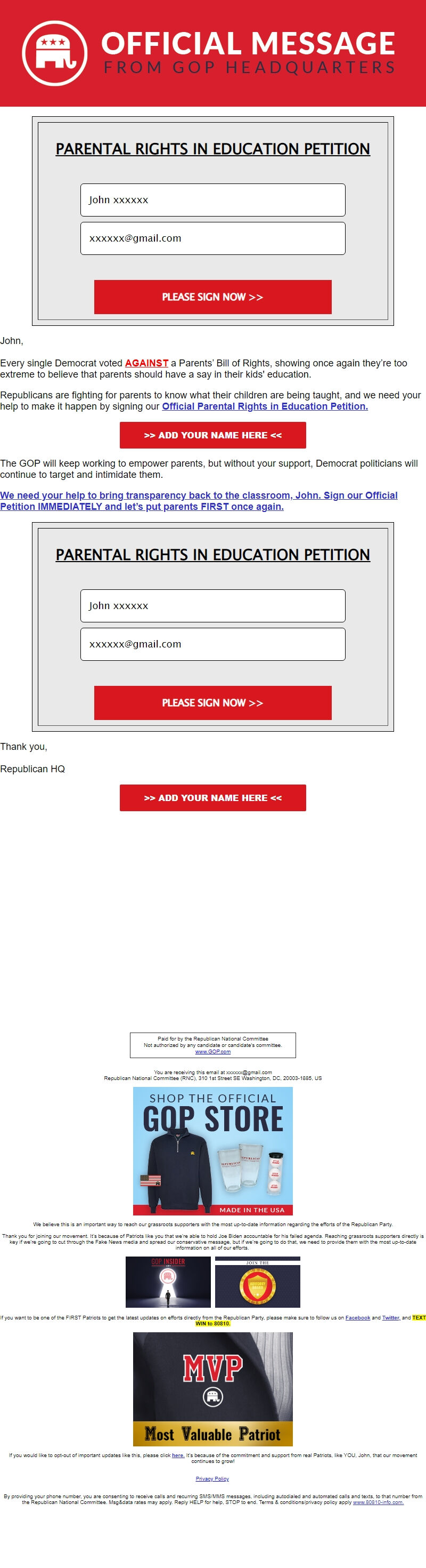 Screenshot of the email generated on import