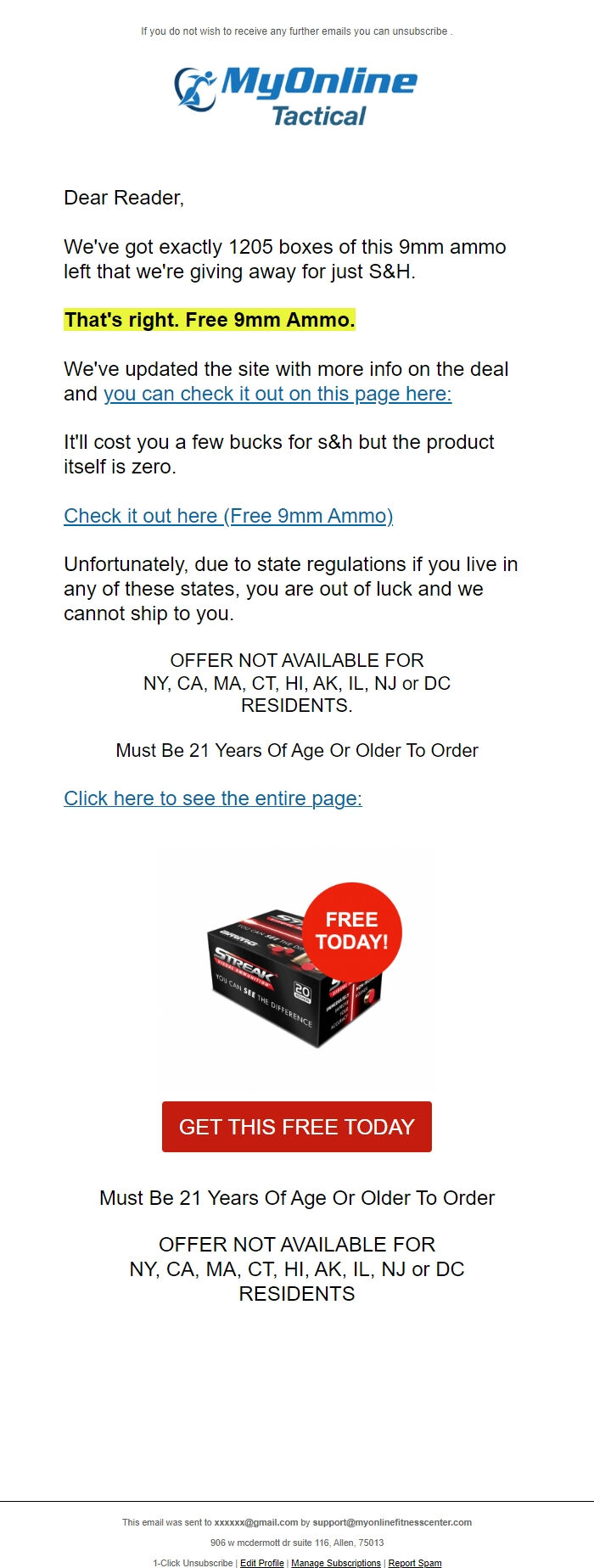 Screenshot of the email generated on import