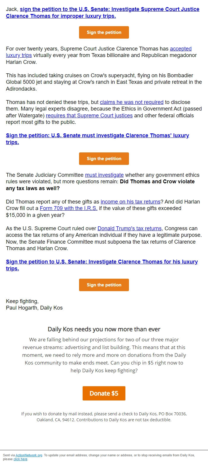 Screenshot of the email generated on import
