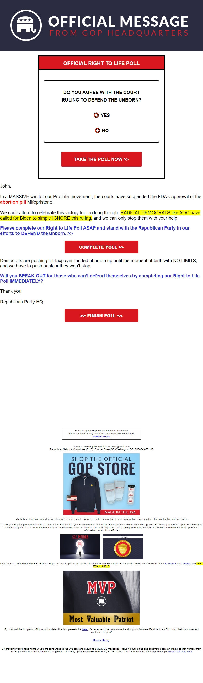 Screenshot of the email generated on import