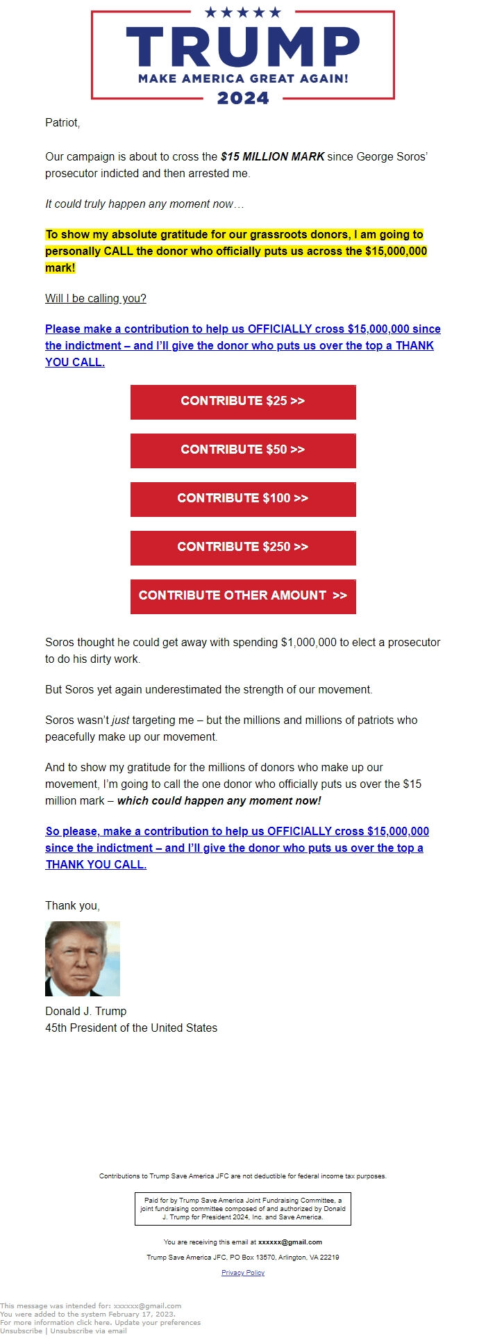 Screenshot of the email generated on import