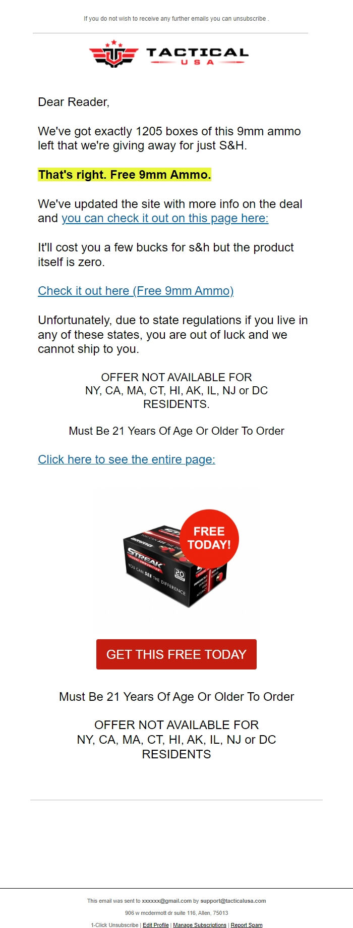 Screenshot of the email generated on import
